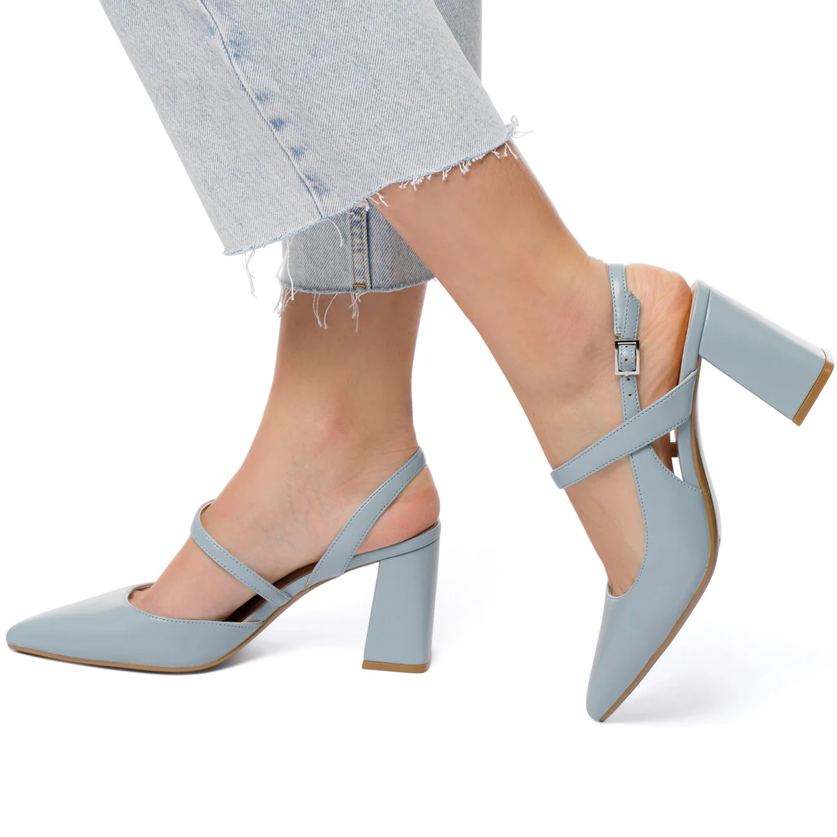 Décolleté slingback azzurre con tacco a blocco 7 cm Lora Ferres