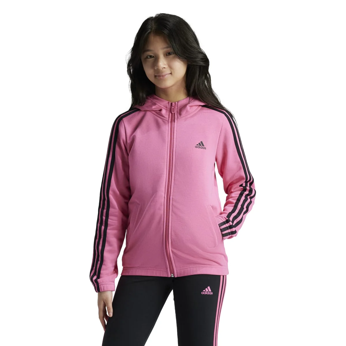 Felpa bambina con cappuccio rosa Essentials 3-Stripes Full-Zip adidas