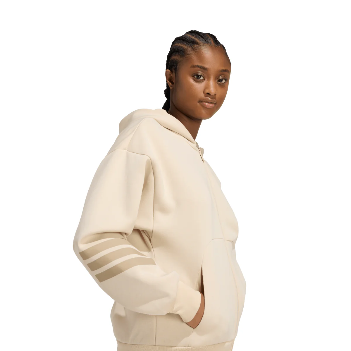 Felpa beige da Donna con cappuccio e iconiche 3 strisce adidas - Image 5