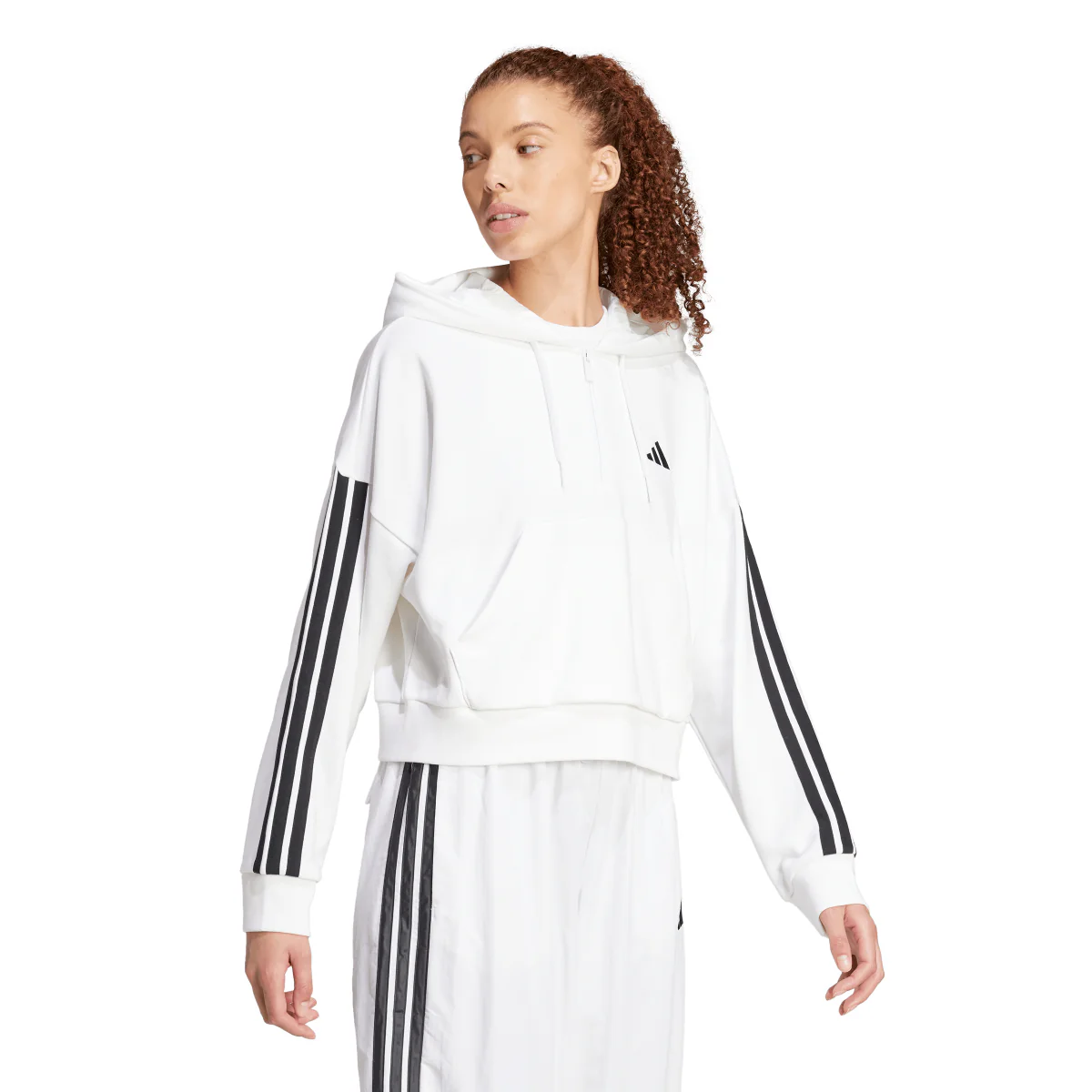 Felpa bianca da Donna con cappuccio e mezza zip adidas Essentials