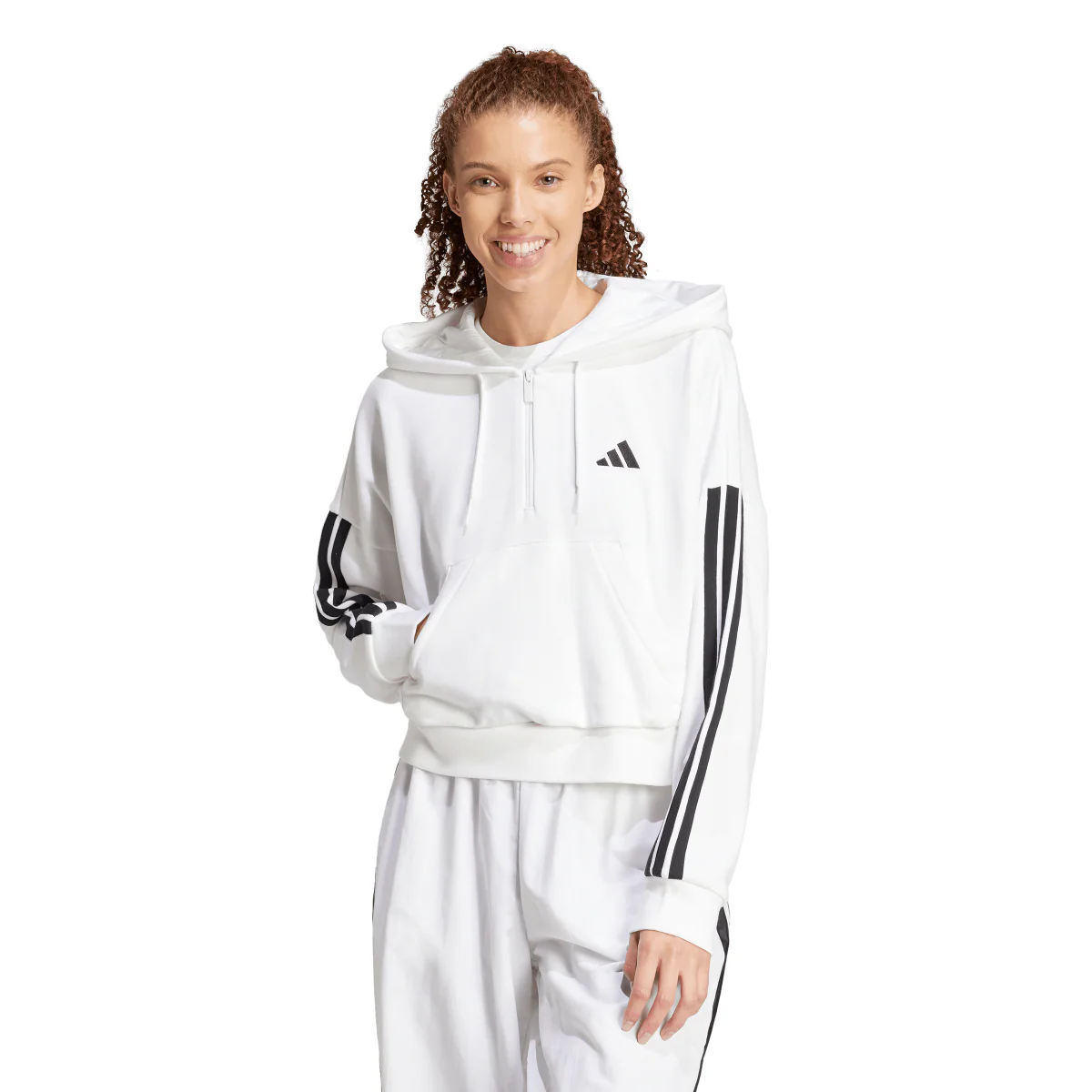 Felpa bianca da Donna con cappuccio e mezza zip adidas Essentials - Image 2