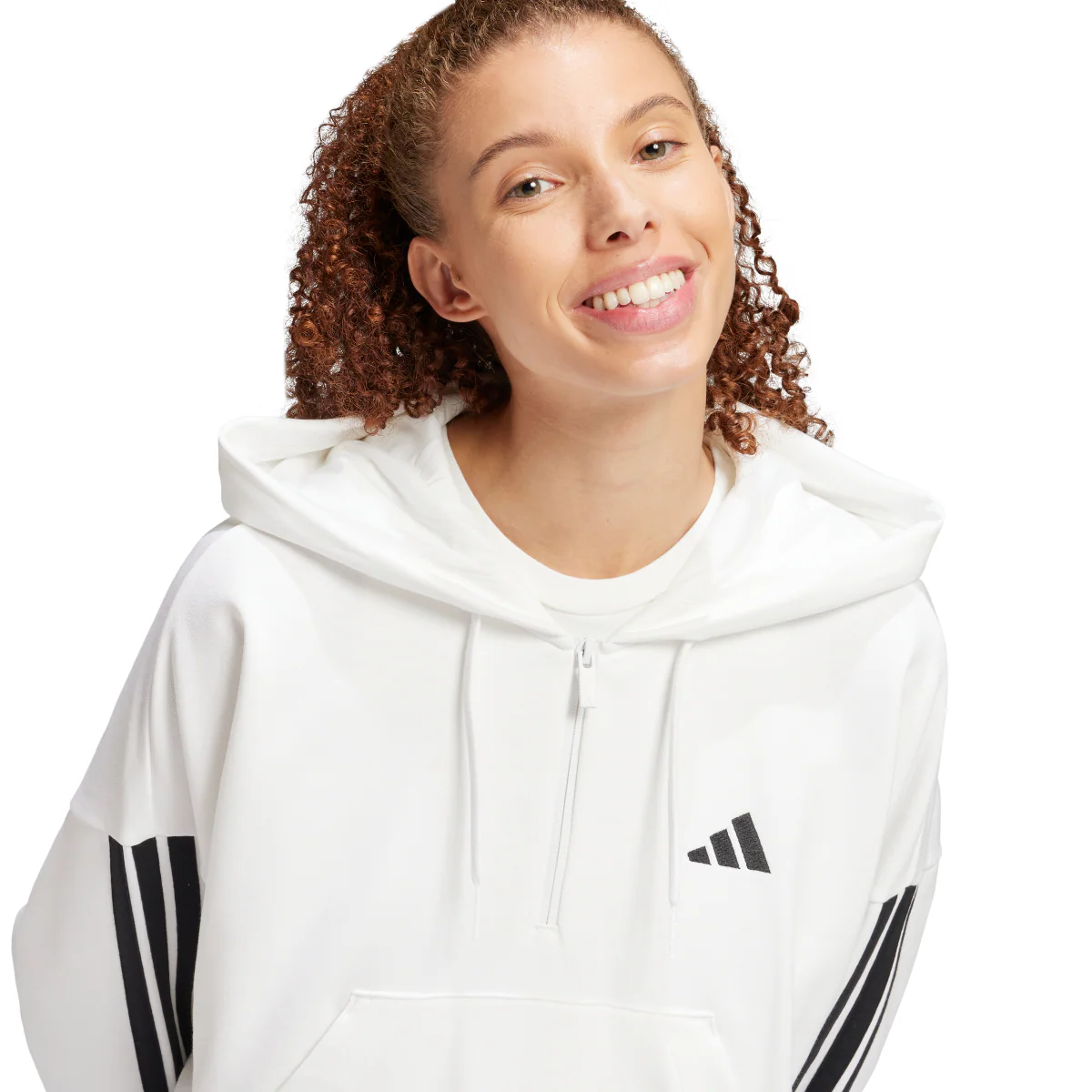 Felpa bianca da Donna con cappuccio e mezza zip adidas Essentials - Image 5