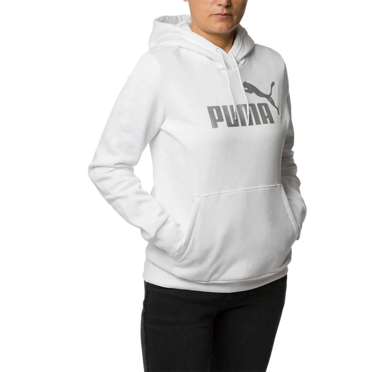 Felpa bianca da donna con logo metallizzato Puma Essentials+