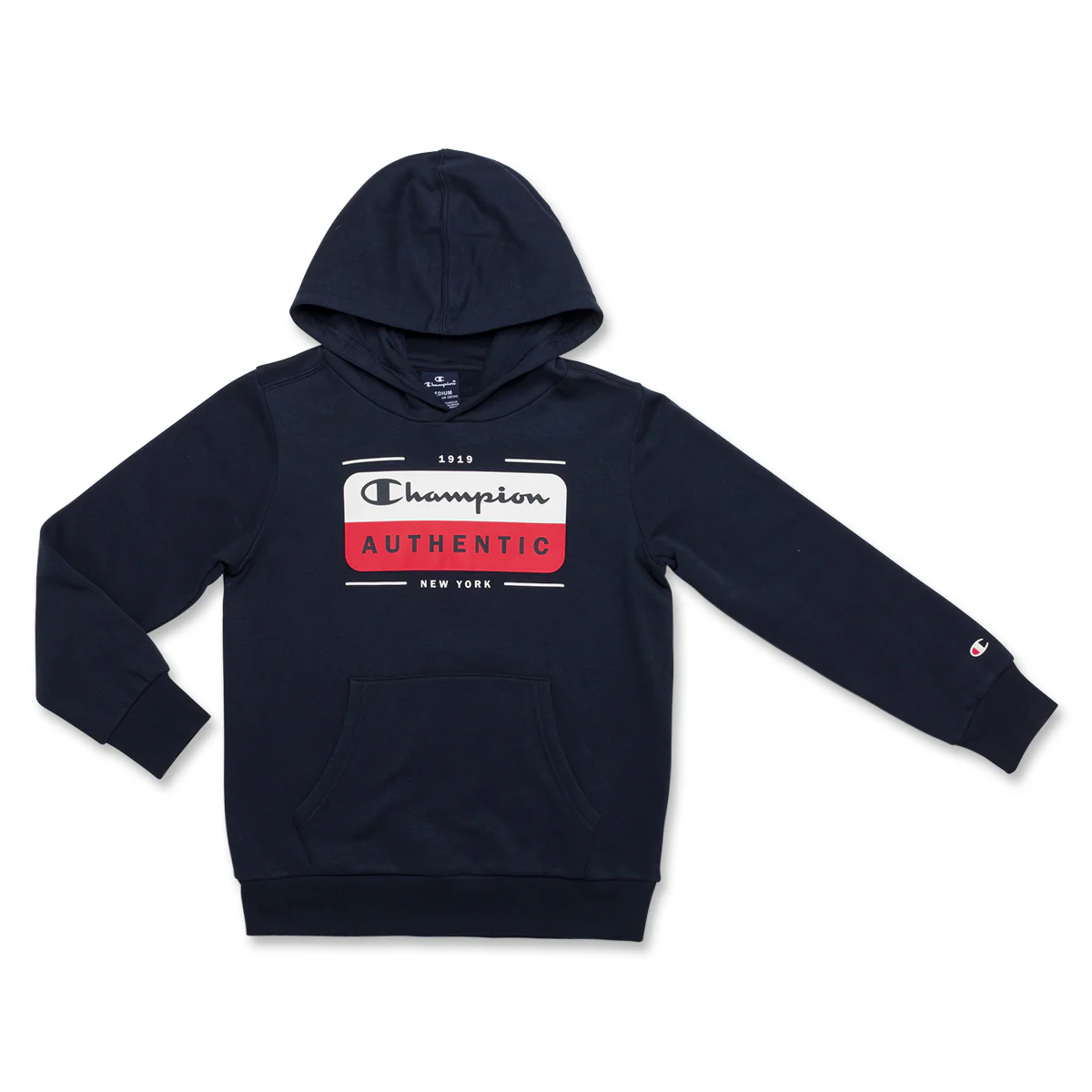Felpa con cappuccio blu da bambino con stampa bianca e rossa sul petto Champion