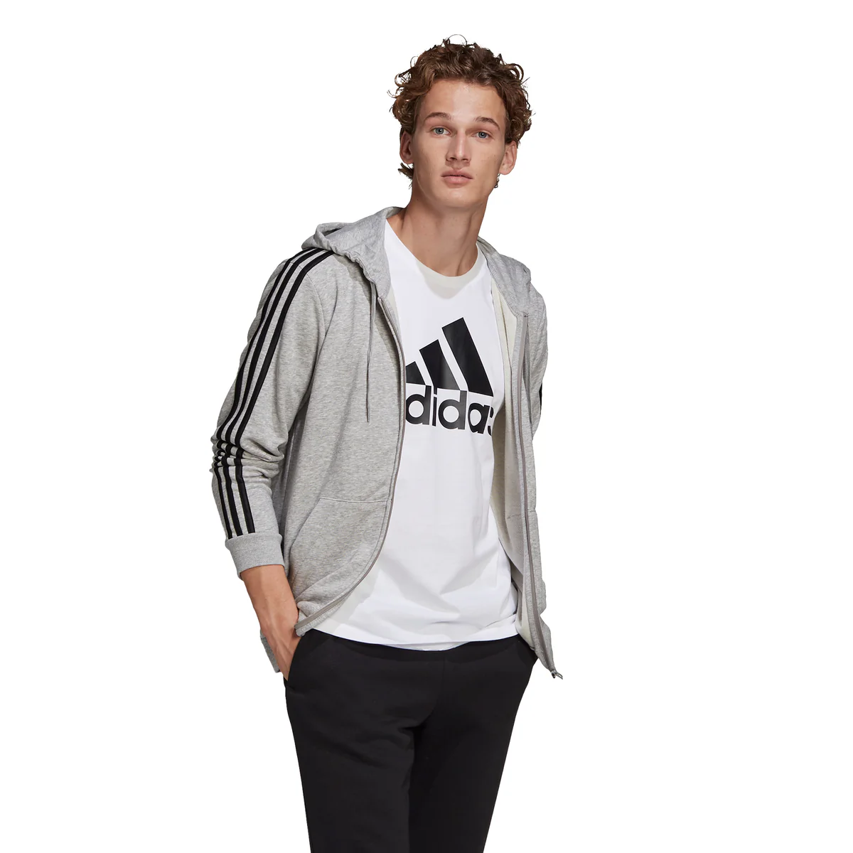 Felpa con cappuccio grigia adidas Essentials French Terry 3-Stripes Full-Zip - Image 2