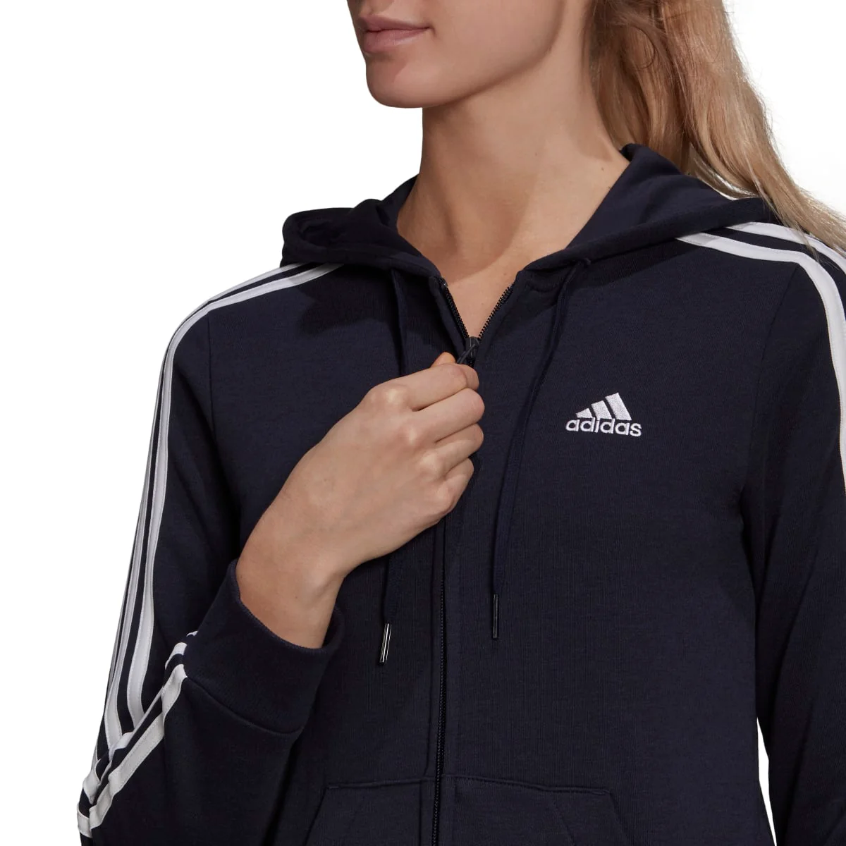 Felpa con cappuccio blu da donna adidas Essentials French Terry 3-Stripes Full-Zip - Image 4
