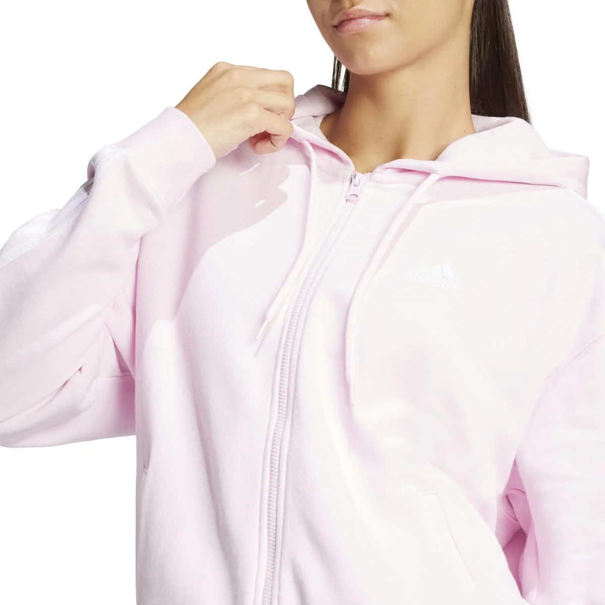 Felpa con cappuccio rosa da donna con zip e tasche adidas Essentials 3-Stripes - Image 4