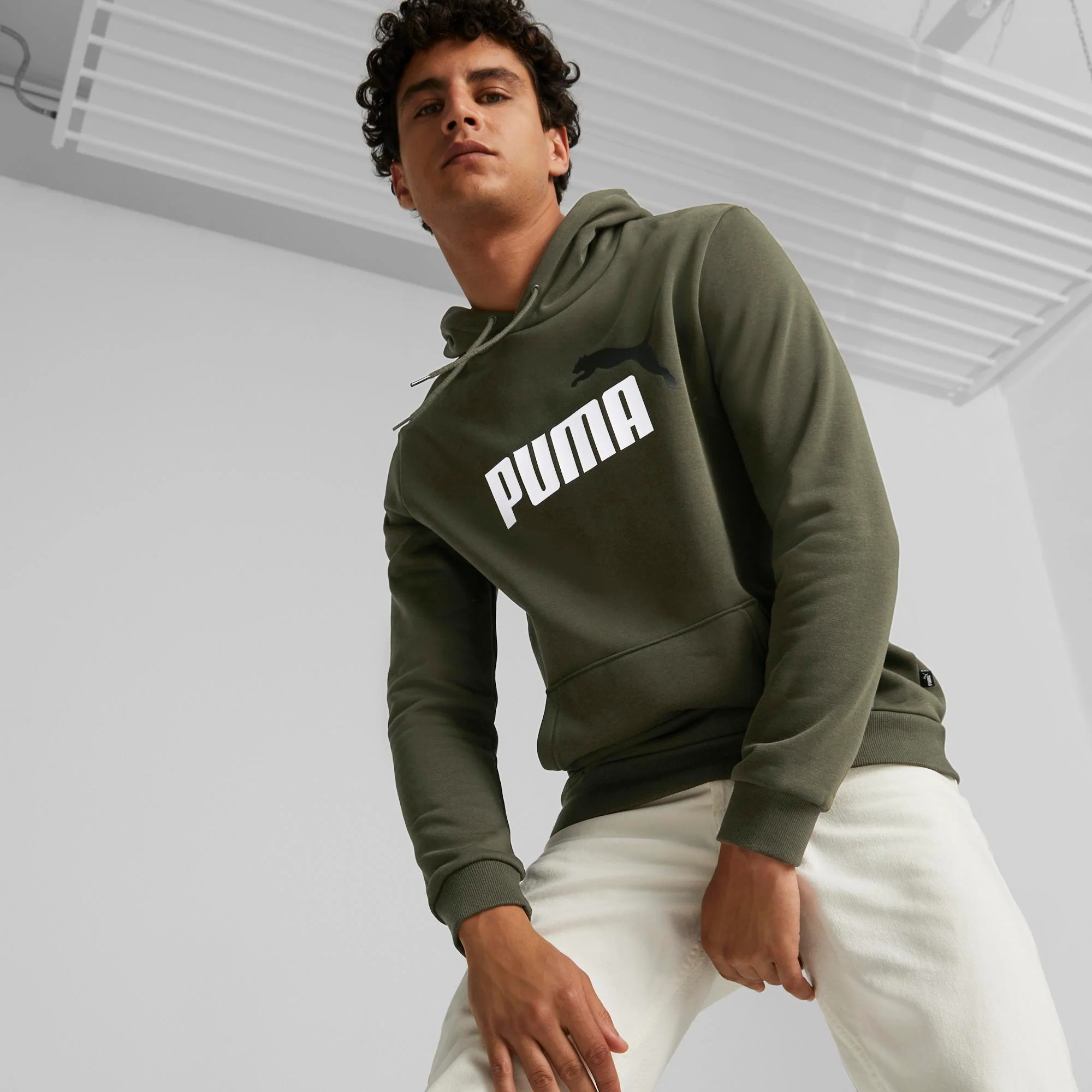 Felpa con cappuccio verde da uomo con logo sul petto Puma Essentials+ 2 Big Logo