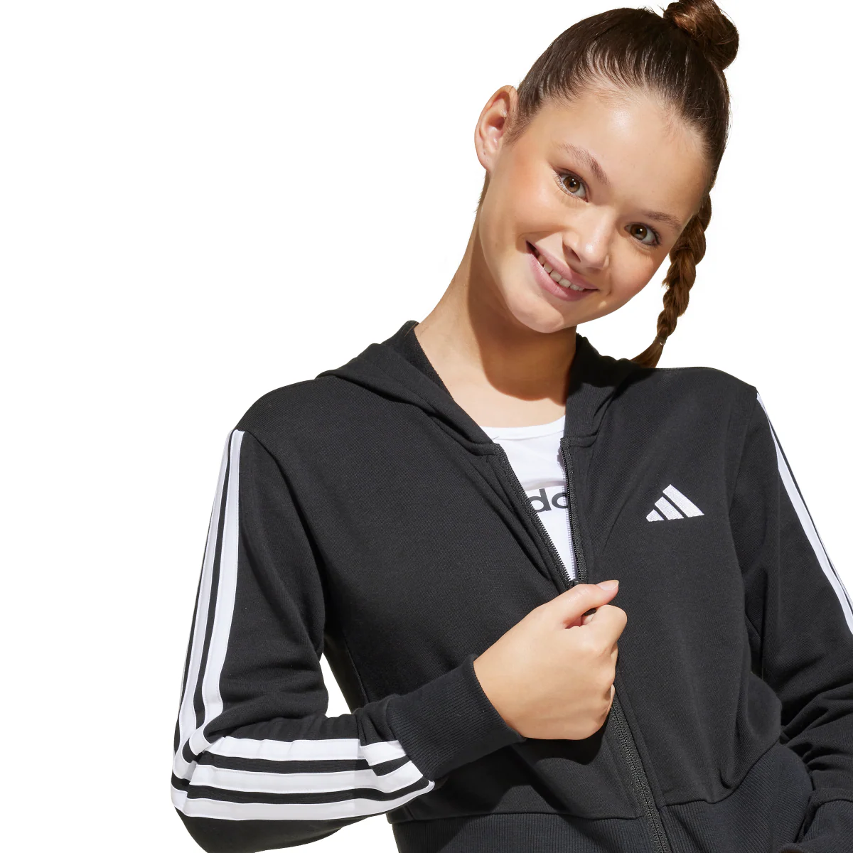 Felpa con zip e cappuccio nera da Ragazza con bande laterali adidas - Image 3