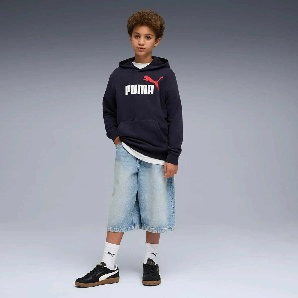 Felpa da bambino blu con cappuccio e maxi logo frontale Puma - Image 3