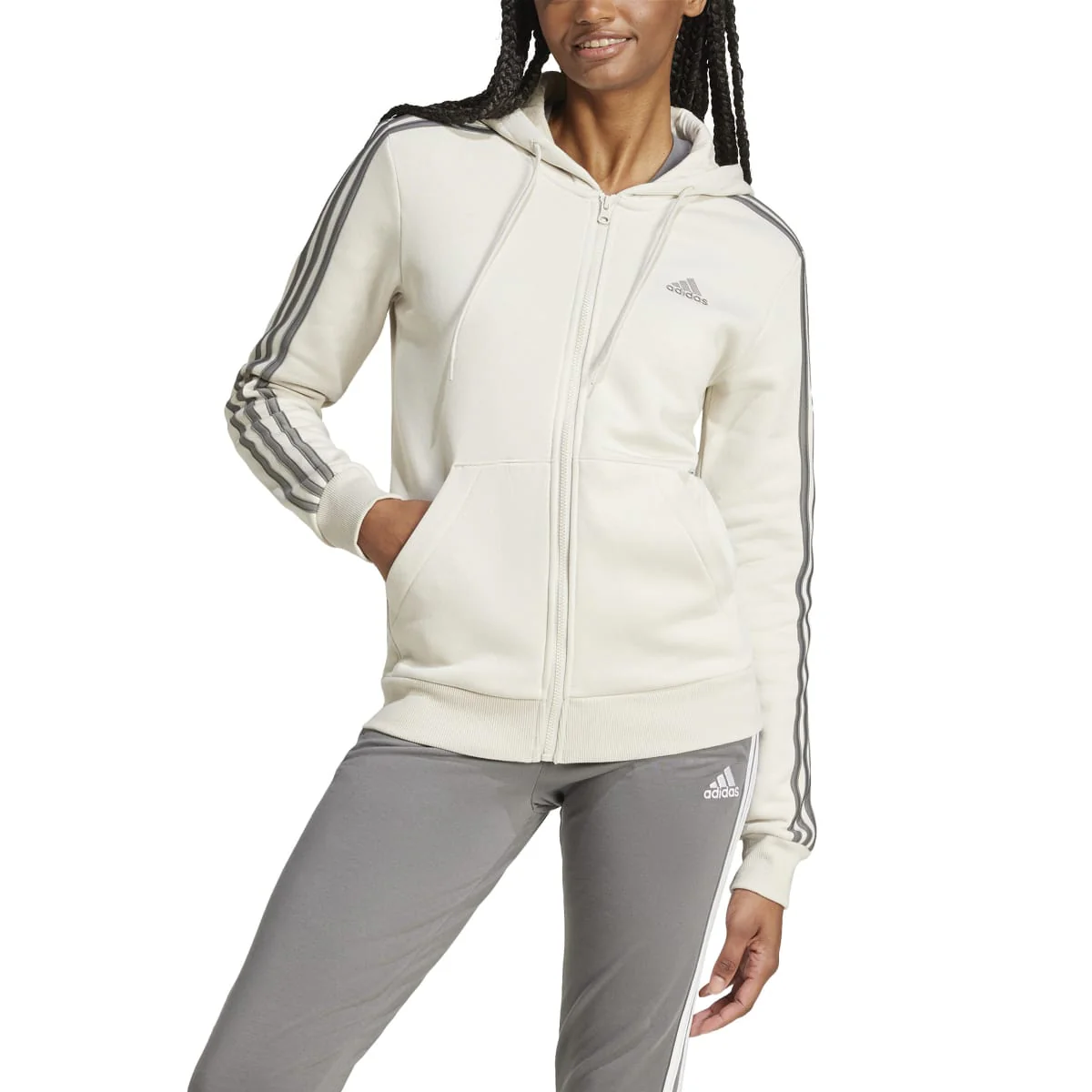 Felpa da donna bianca con cappuccio Essentials con zip adidas - Image 2