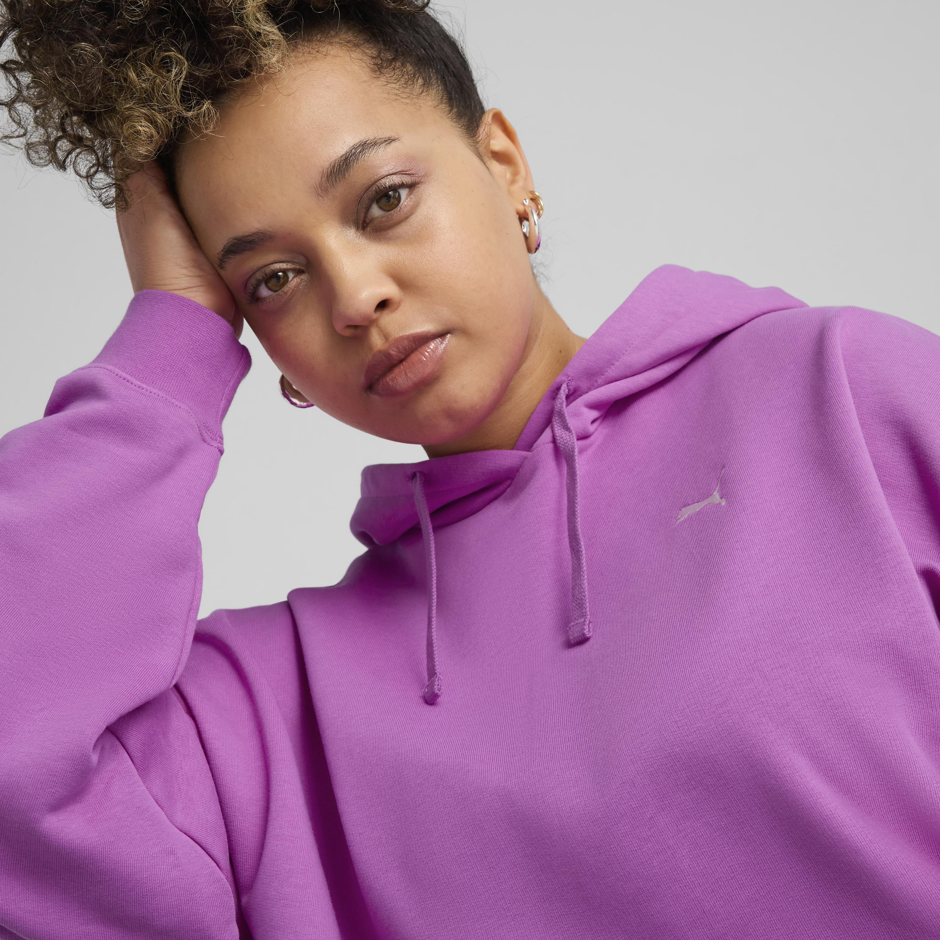 Felpa da donna violetta in cotone con logo bianco e cappuccio Puma - Image 3