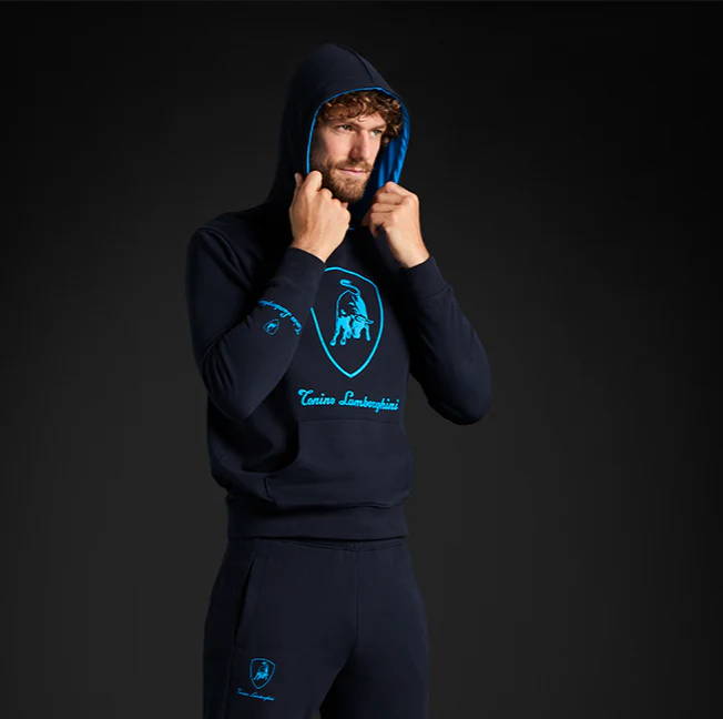 Felpa con cappuccio da uomo blu navy con logo Tonino Lamborghini