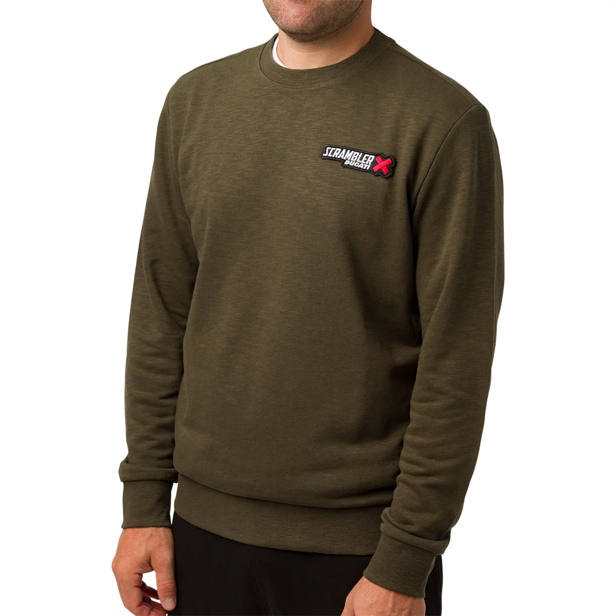 Felpa girocollo da uomo verde militare con logo Ducati Scrambler