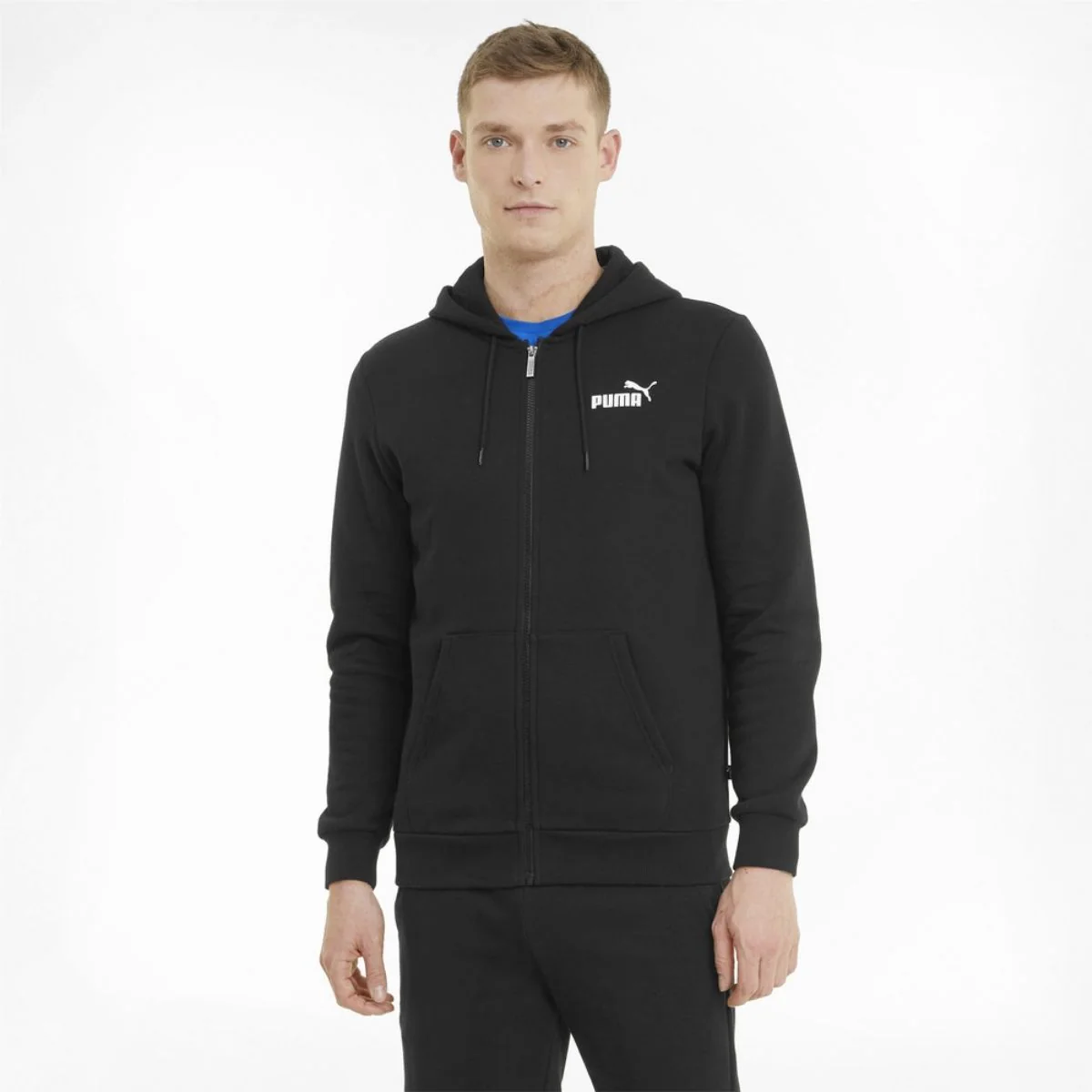 Felpa full-zip nera con cappuccio e logo Puma Essentials