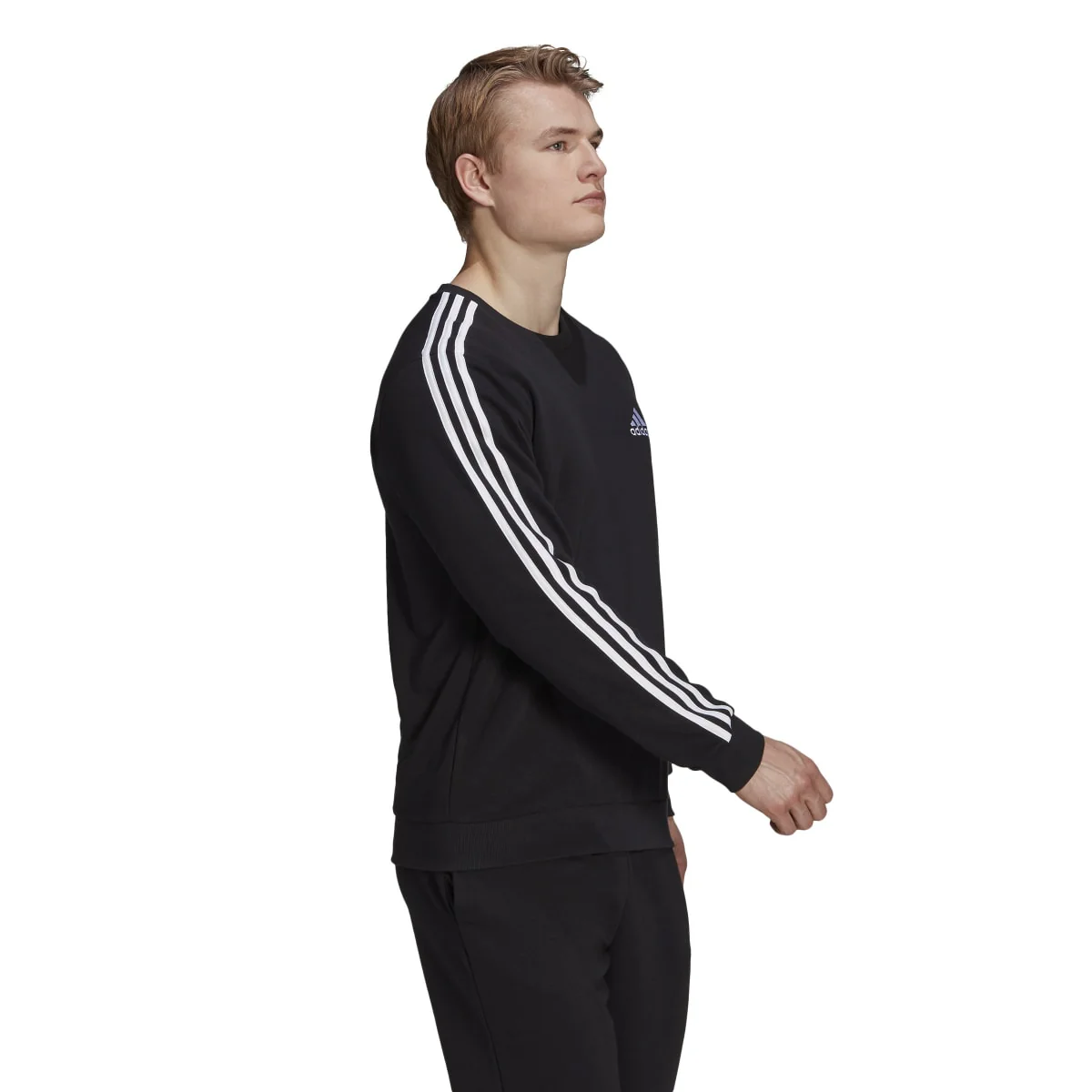 Felpa girocollo nera da uomo adidas Essentials French Terry 3-Stripes - Image 3