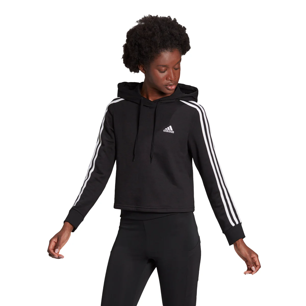 Felpa nera con cappuccio aadidas Essentials 3-Stripes Cropped