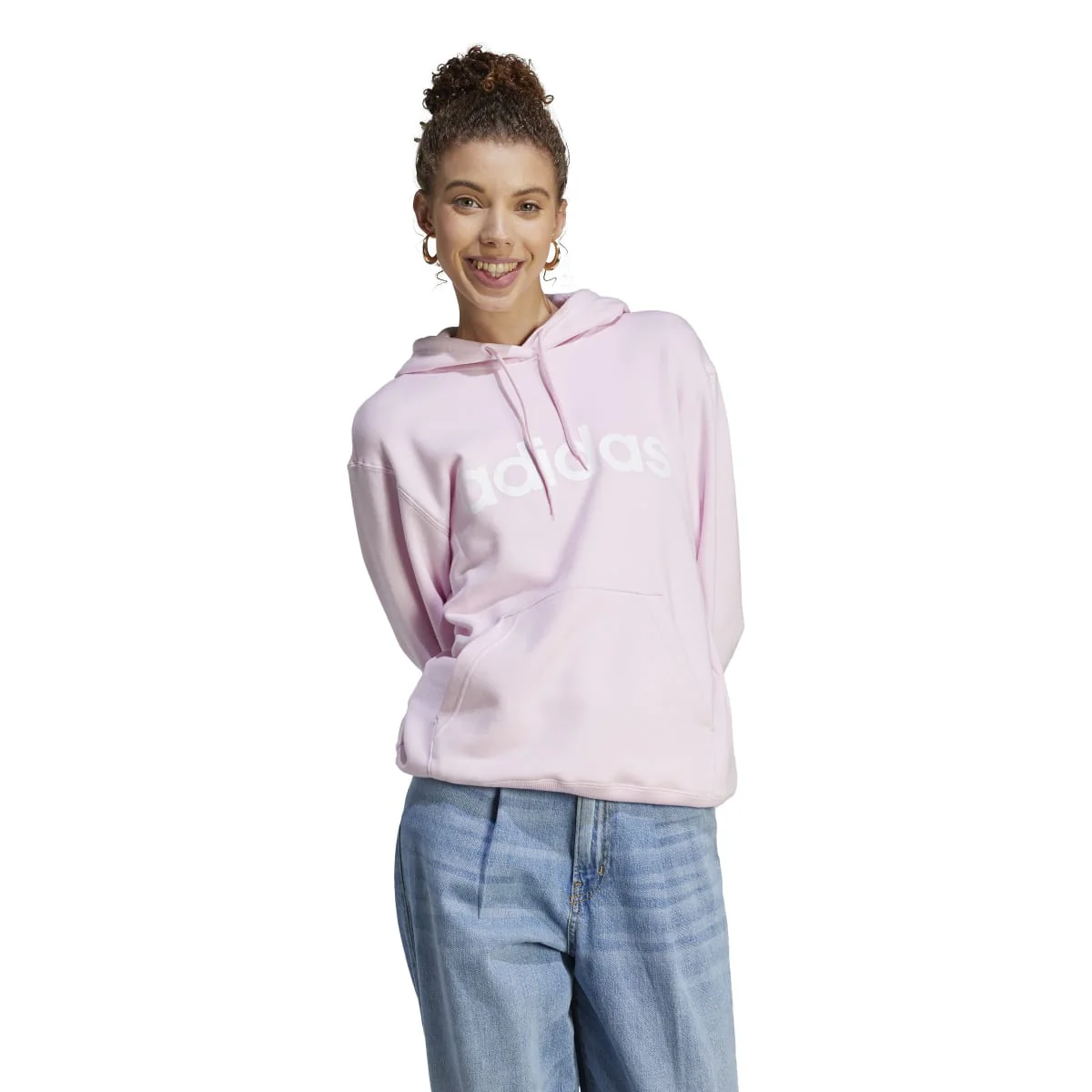 Felpa rosa da donna con cappuccio e tasca a marsupio adidas Essentials Linear