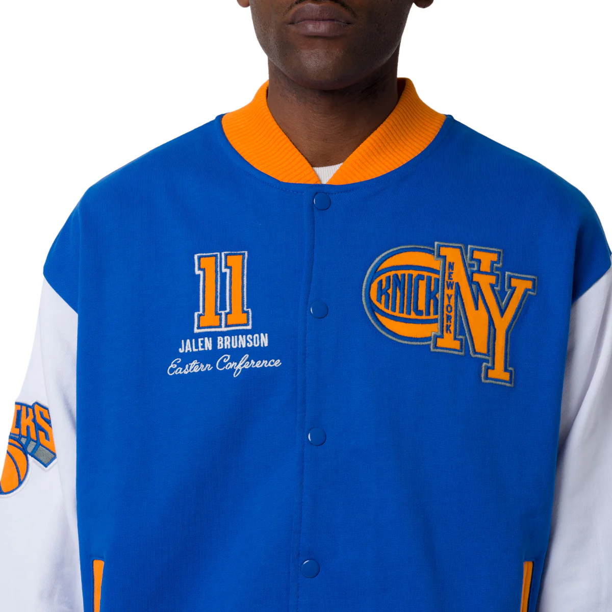 Giacca Bomber da Uomo blu arancione e bianca con ricami New York Knicks NBA - Image 3