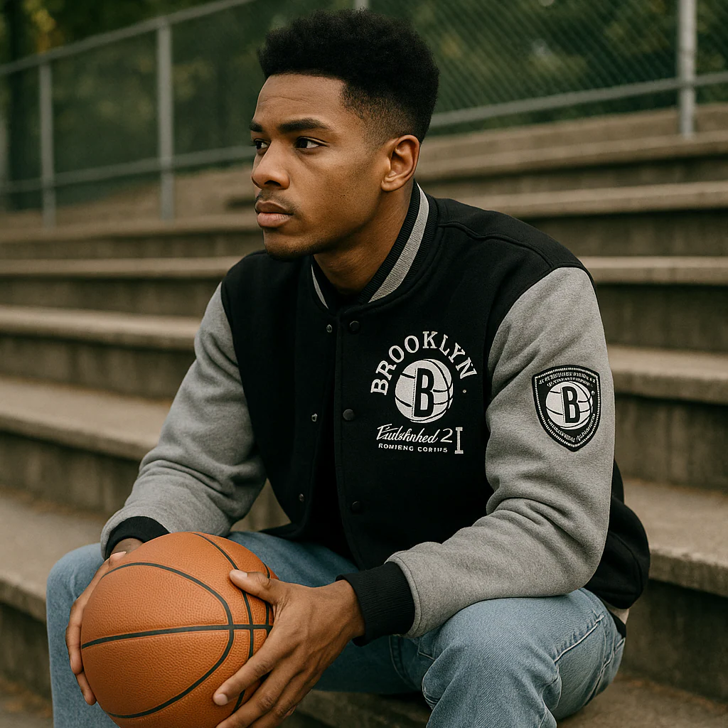 Giacca da Uomo over Bomber nera e grigia con logo Brookyn Nets NBA