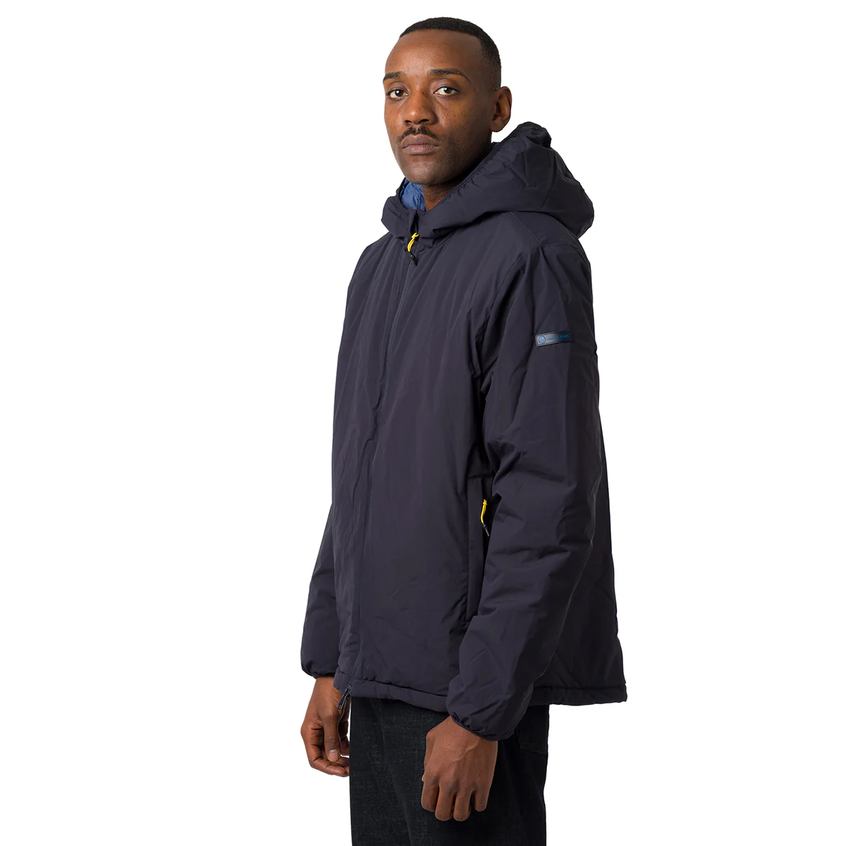 Giacca piumino corto liscio da uomo blu con cappuccio e zip Navy Sail