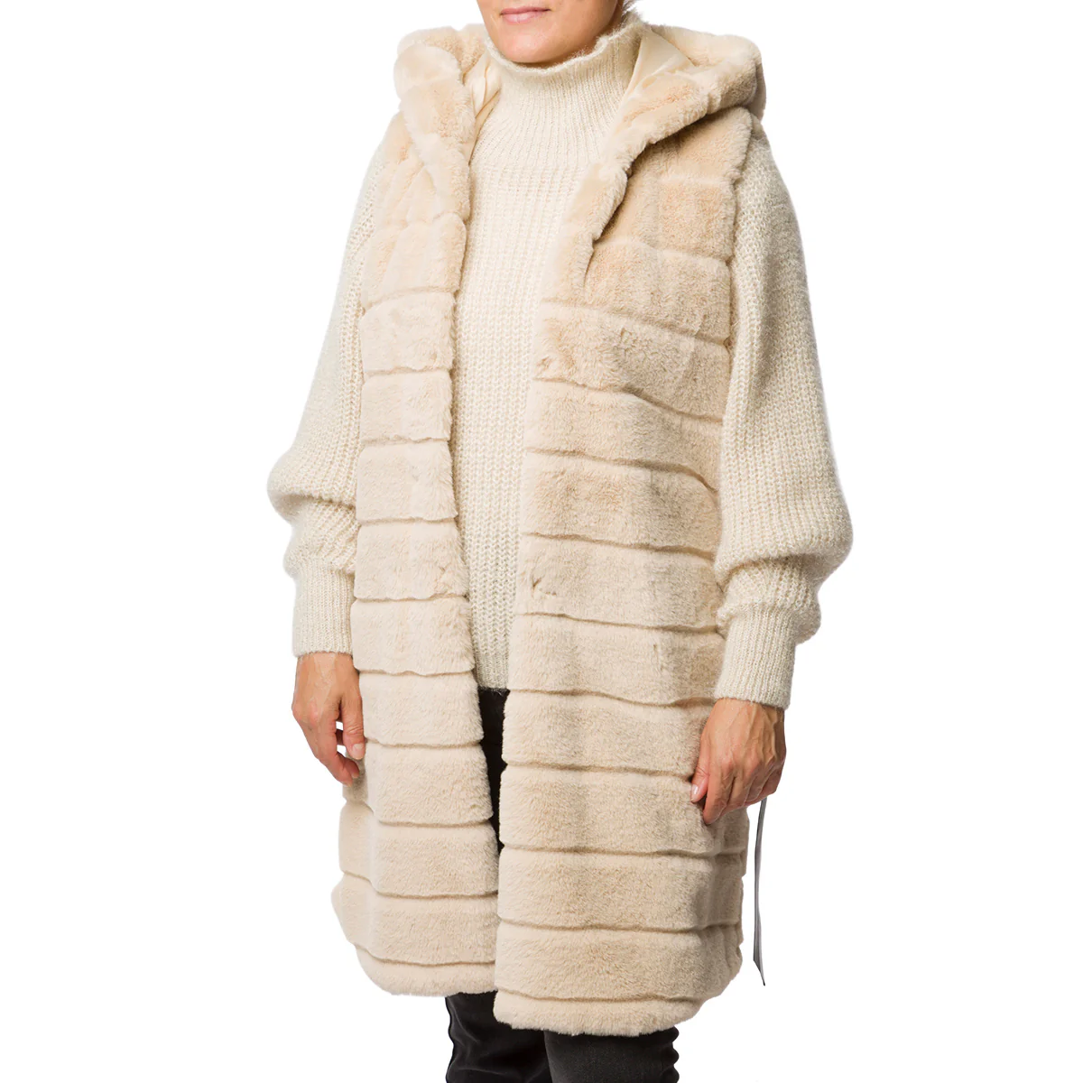 Gilet lungo bianco panna da donna con cappuccio Swish Jeans - Image 4