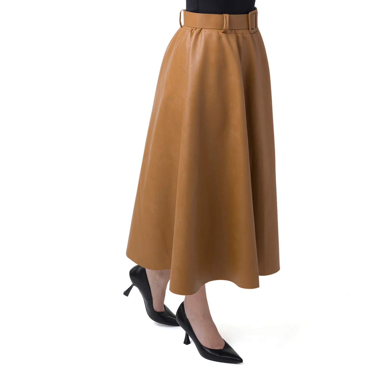 Gonna lunga da donna in similpelle marrone con cintura Swish Jeans