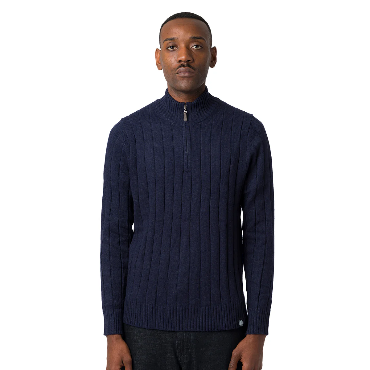 Maglione da uomo blu con mezza zip e lavorazione a coste Marshall