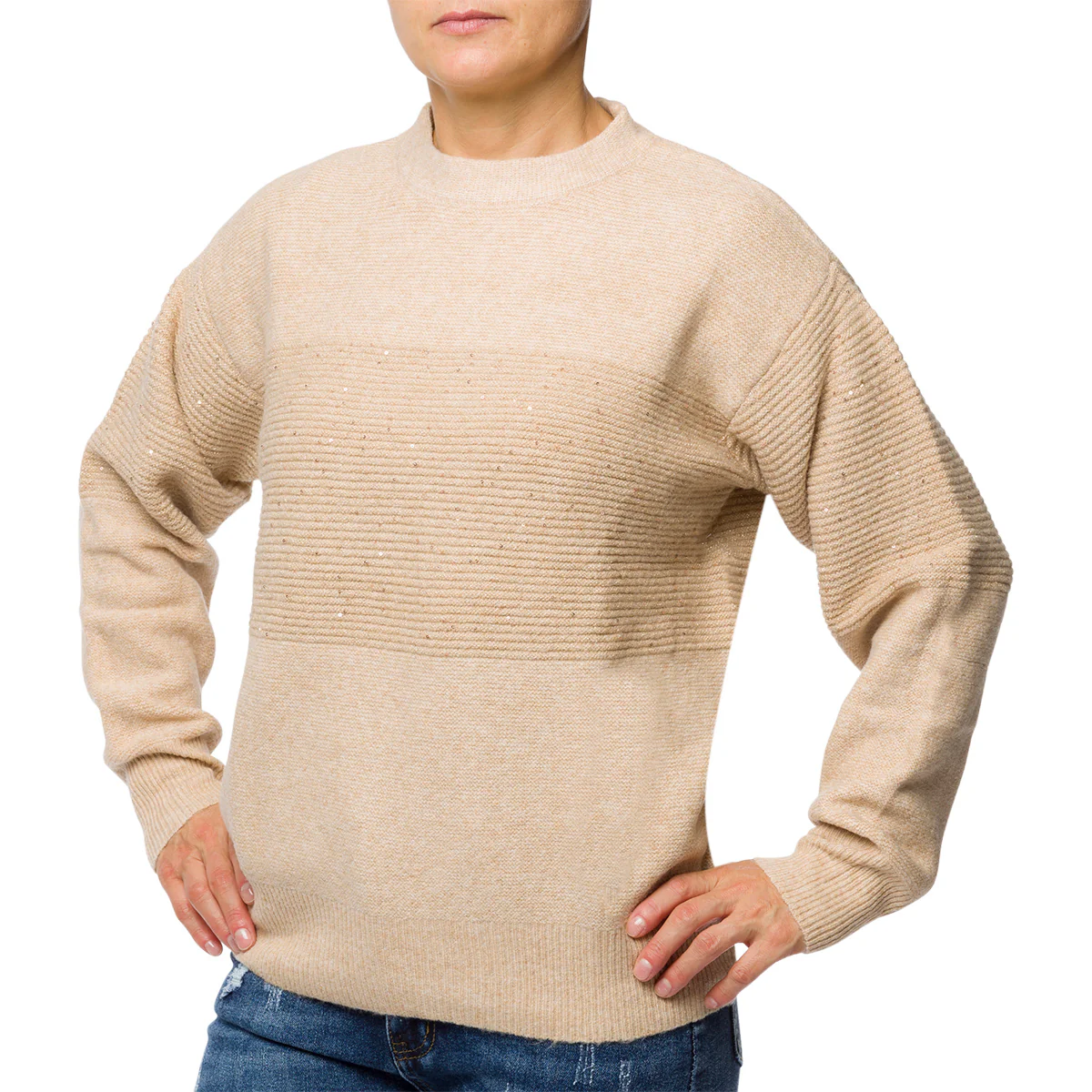 Maglione girocollo beige da donna con micro-paillettes Swish Jeans