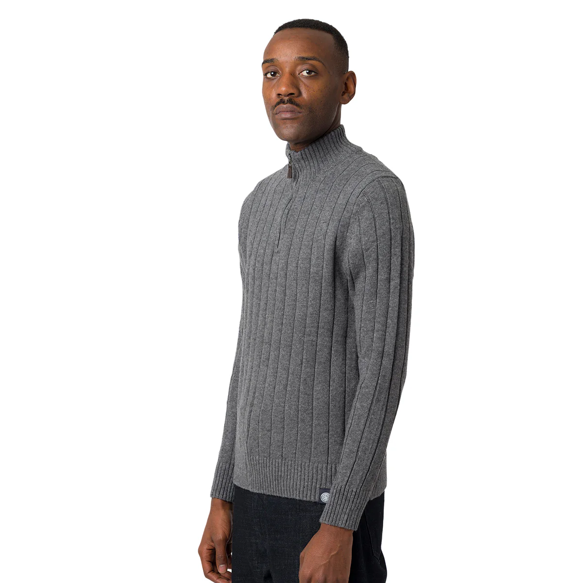 Maglione grigio da uomo con zip sul collo e tramatura a coste larghe Marshall