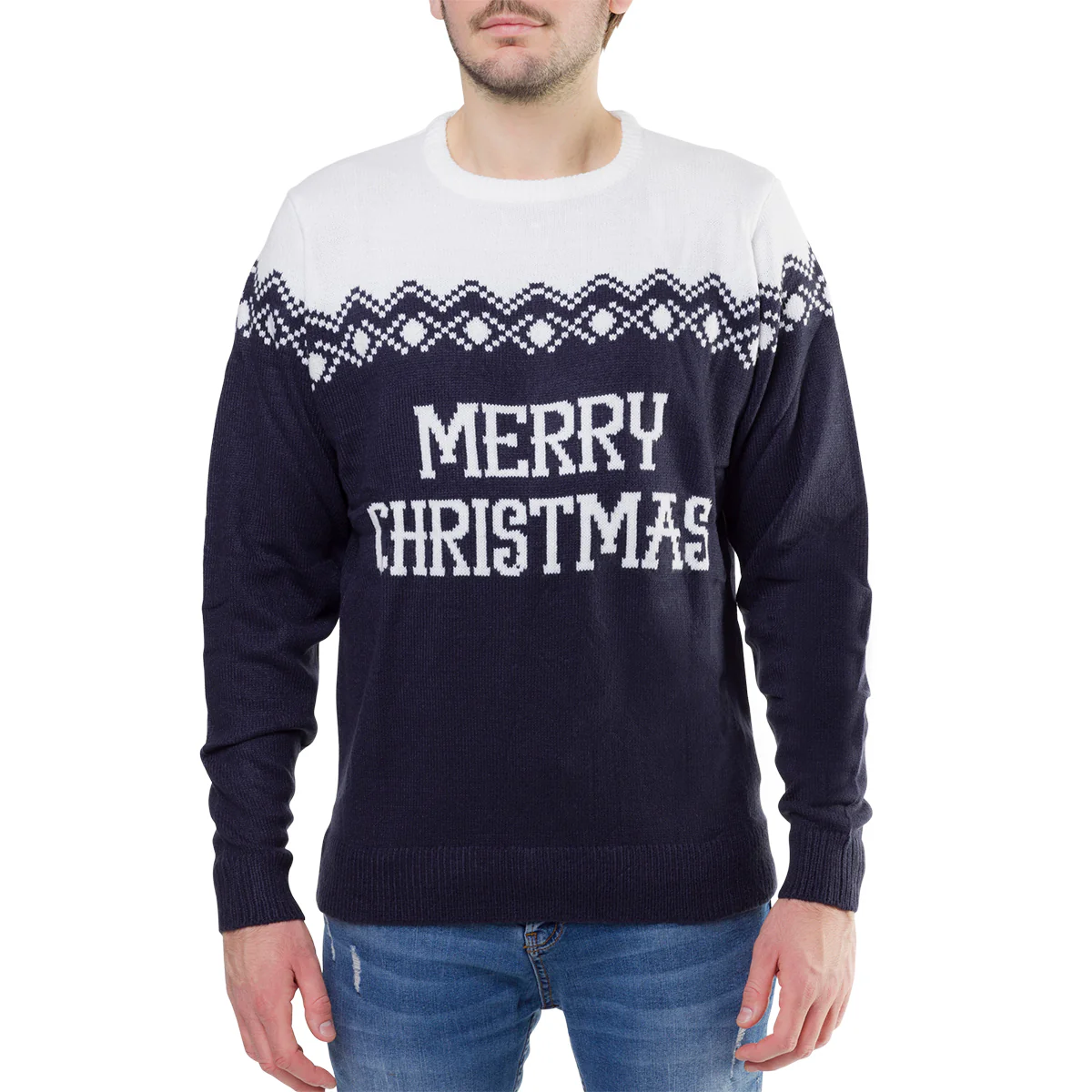 Maglione natalizio da uomo blu con ricamo Merry Christmas - Image 3