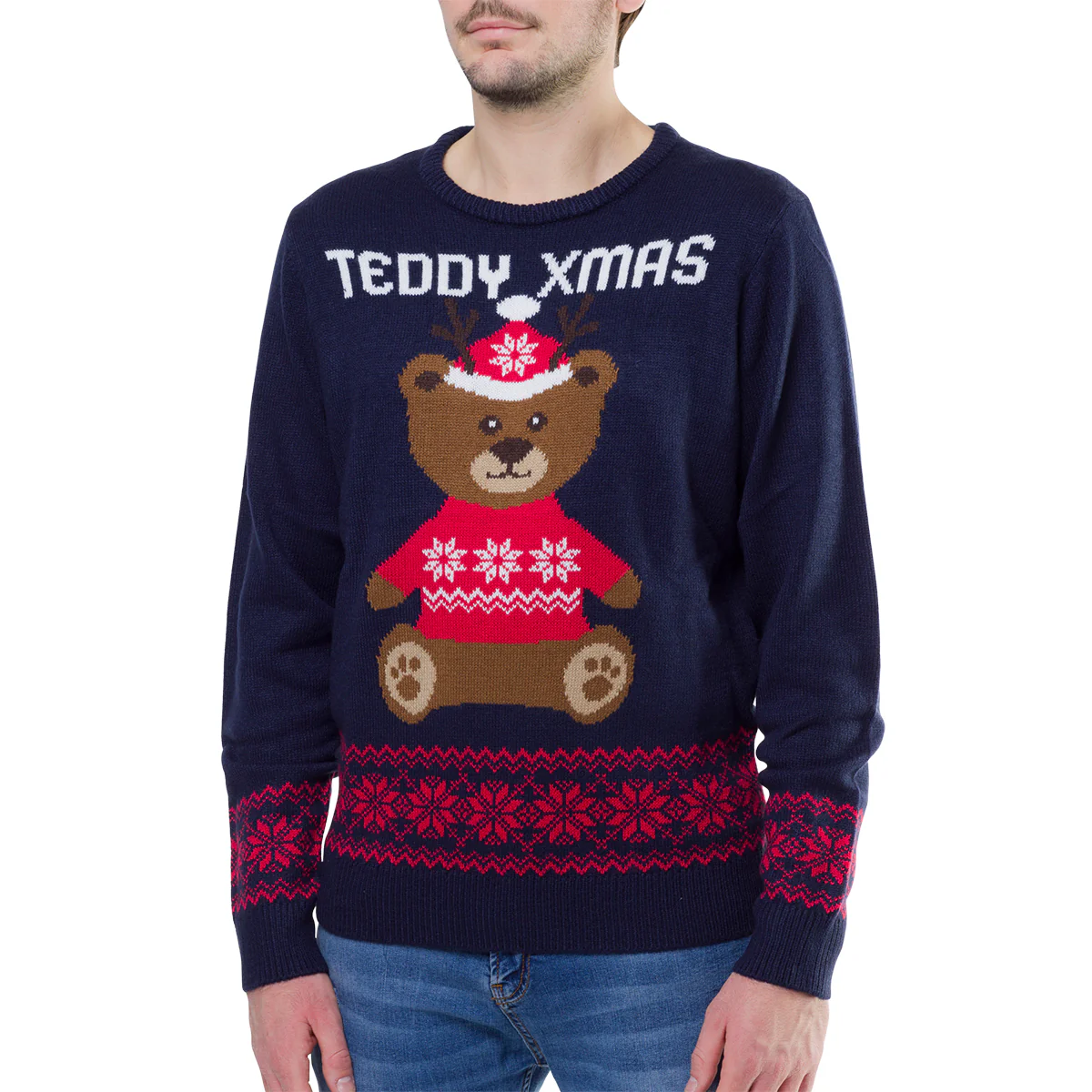 Maglione natalizio da uomo blu con ricamo orsetto Teddy - Image 3
