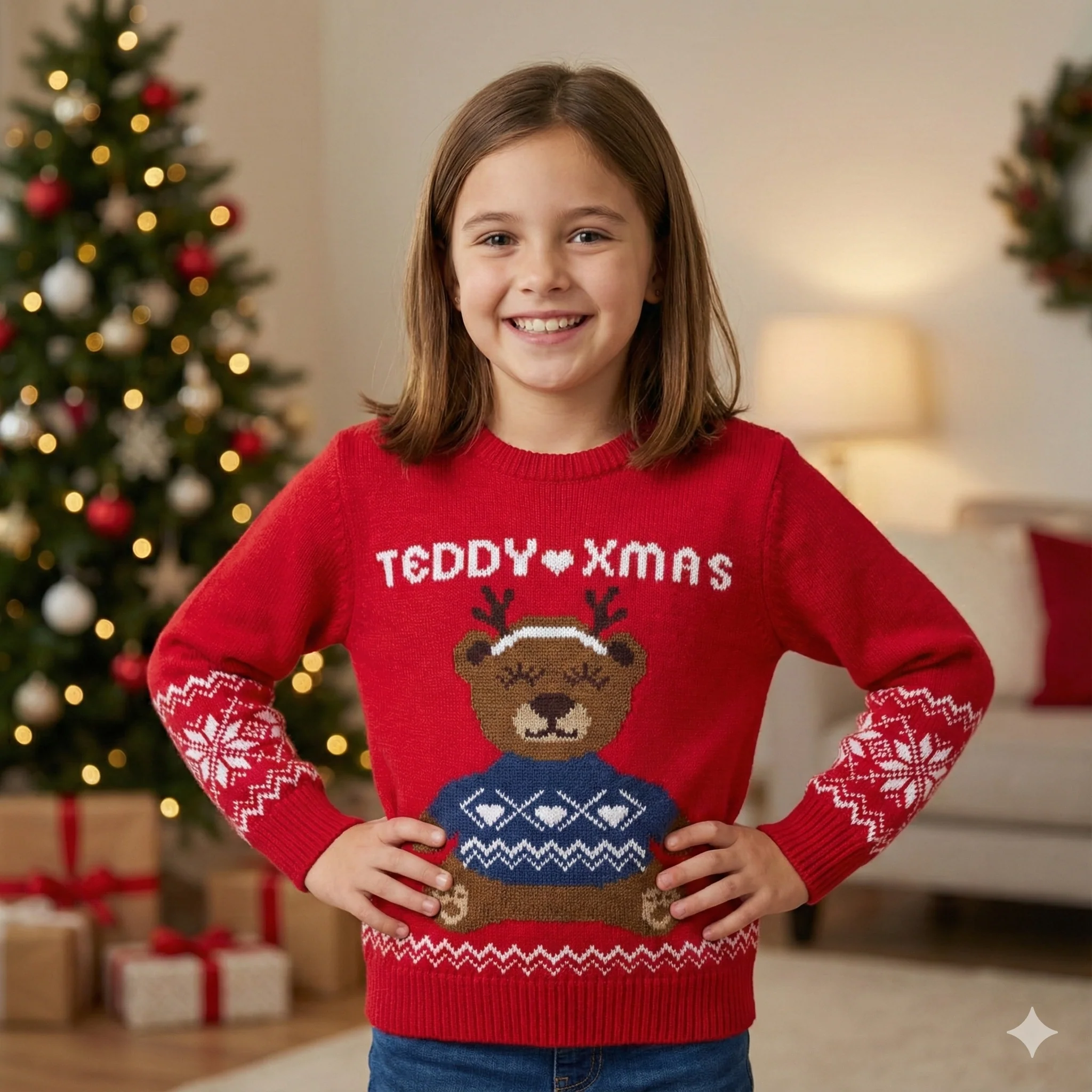 Maglione natalizio da bambini rosso con ricamo orsetto Teddy
