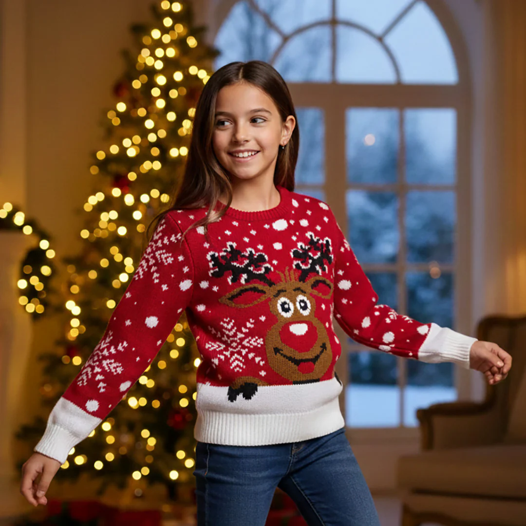 Maglione natalizio da bambini rosso con ricamo renna