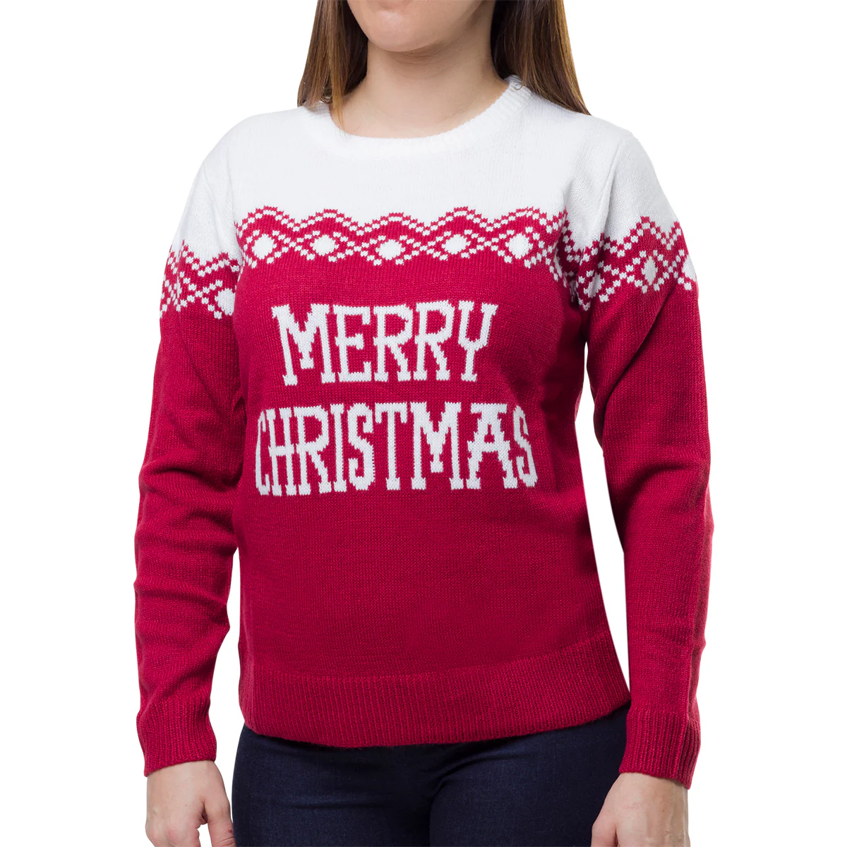Maglione natalizio da donna rosso con ricamo Merry Christmas - Image 2