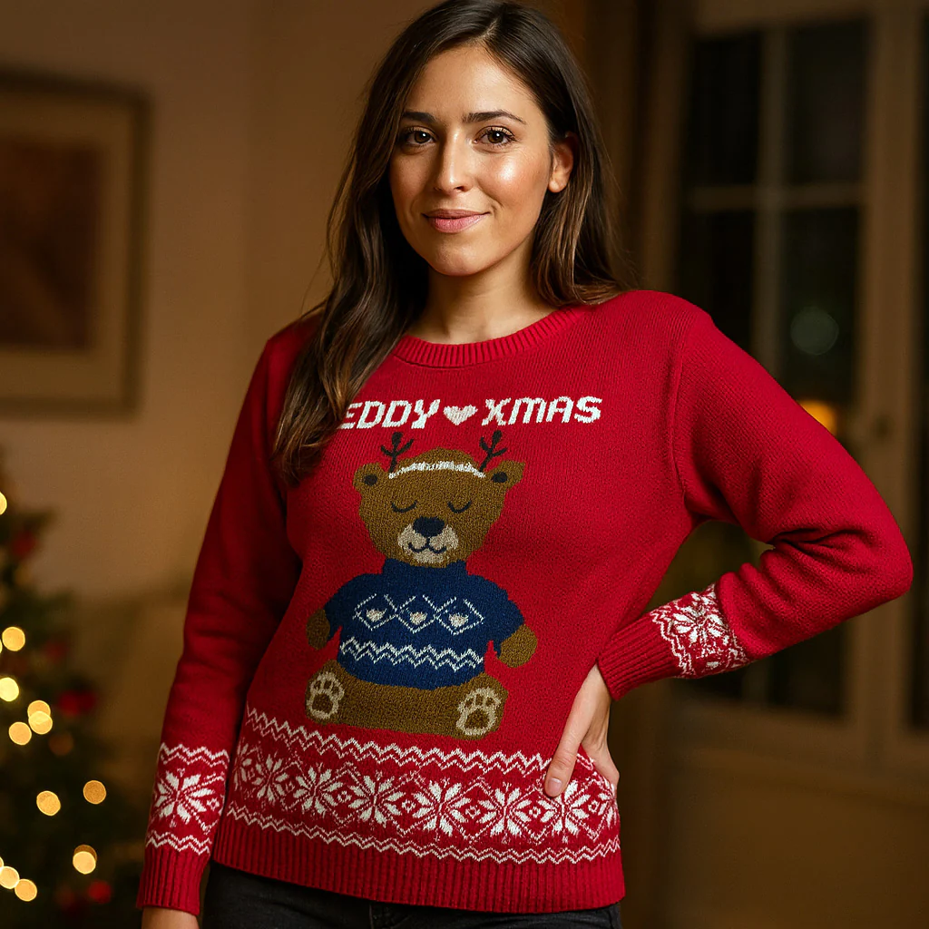 Maglione natalizio da donna rosso con ricamo orsetto Teddy