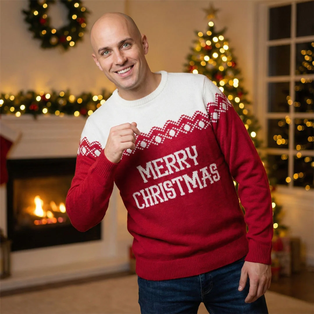 Maglione da uomo natalizio rosso con ricamo Merry Christmas