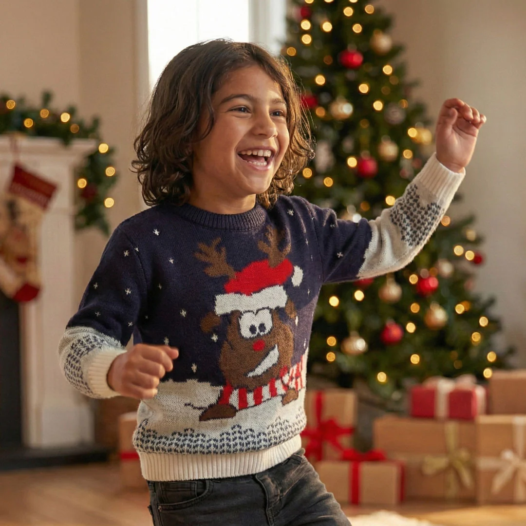 Maglione natalizio da bambino e bambina blu e bianco con renna Swish Jeans