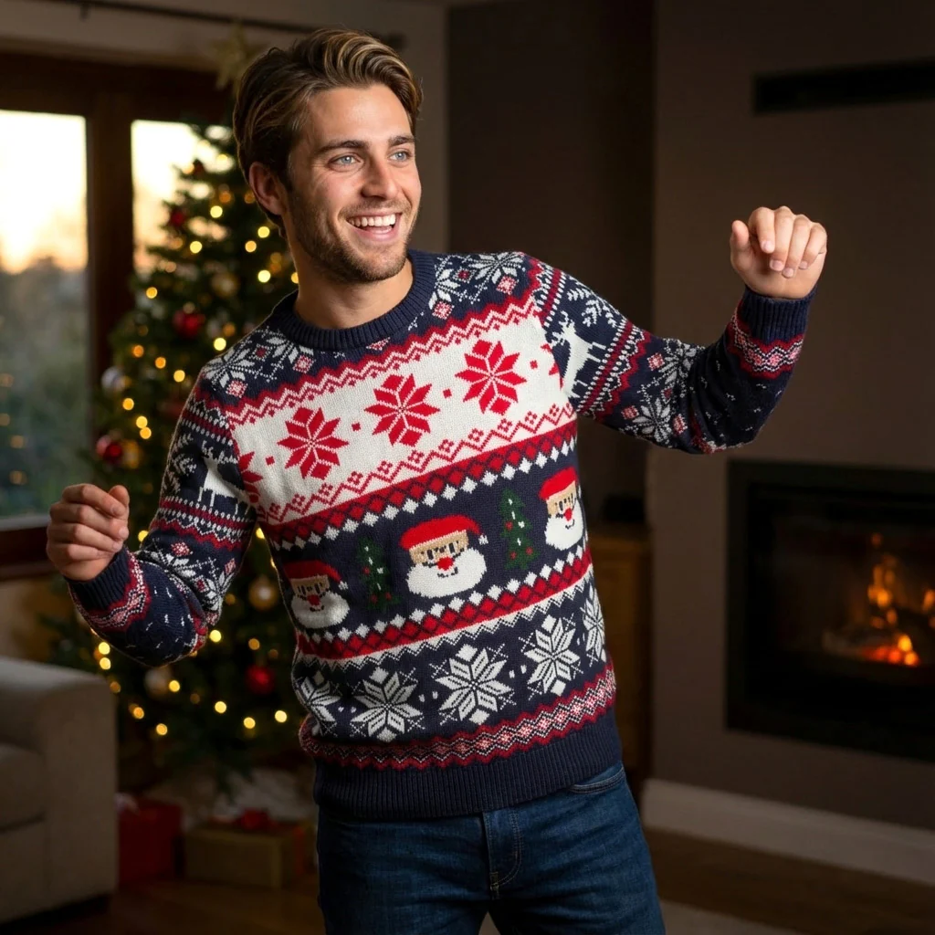 Maglione natalizio da uomo blu rosso e bianco con ricami Swish Jeans