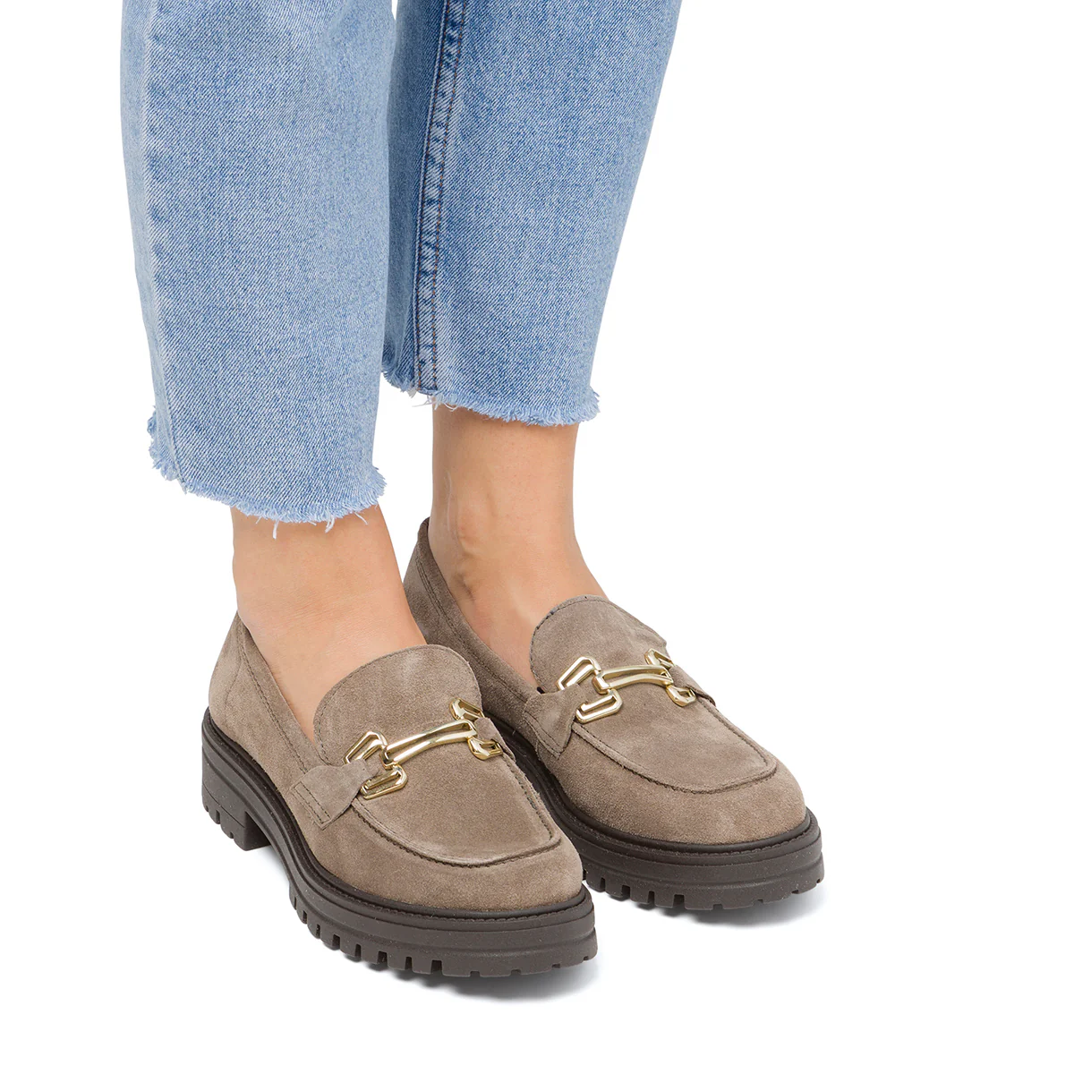 Mocassini chunky da donna beige in pelle scamosciata Primopiano