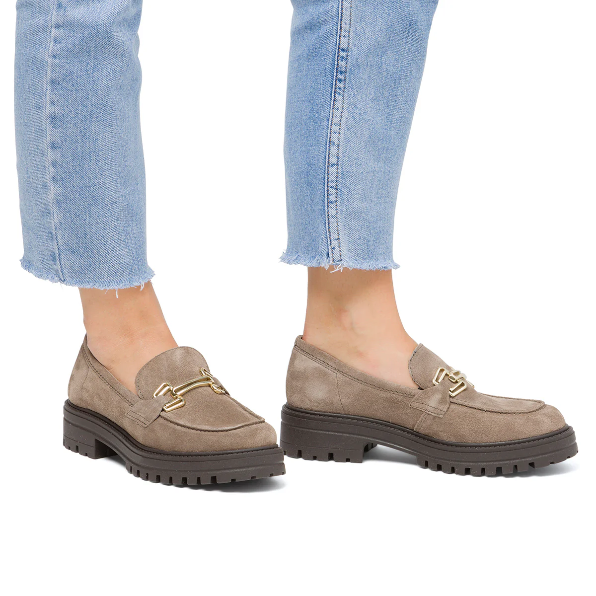 Mocassini chunky da donna beige in pelle scamosciata Primopiano - Image 2