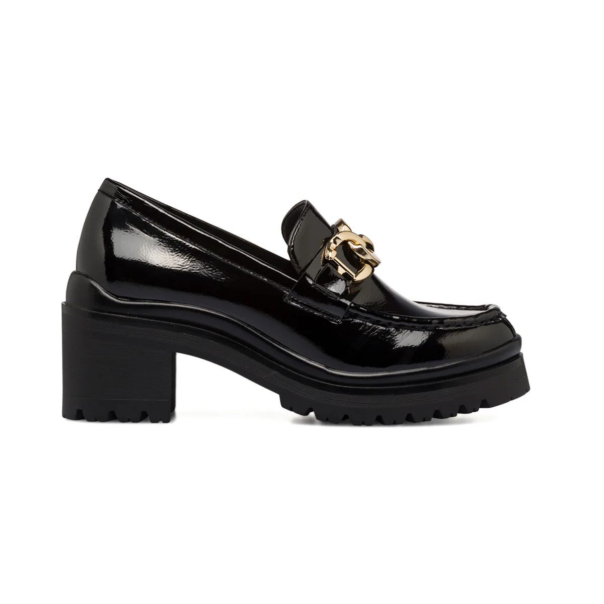 Mocassini chunky da donna neri in vernice con tacco 6 cm e maxi-catena Lora Ferres