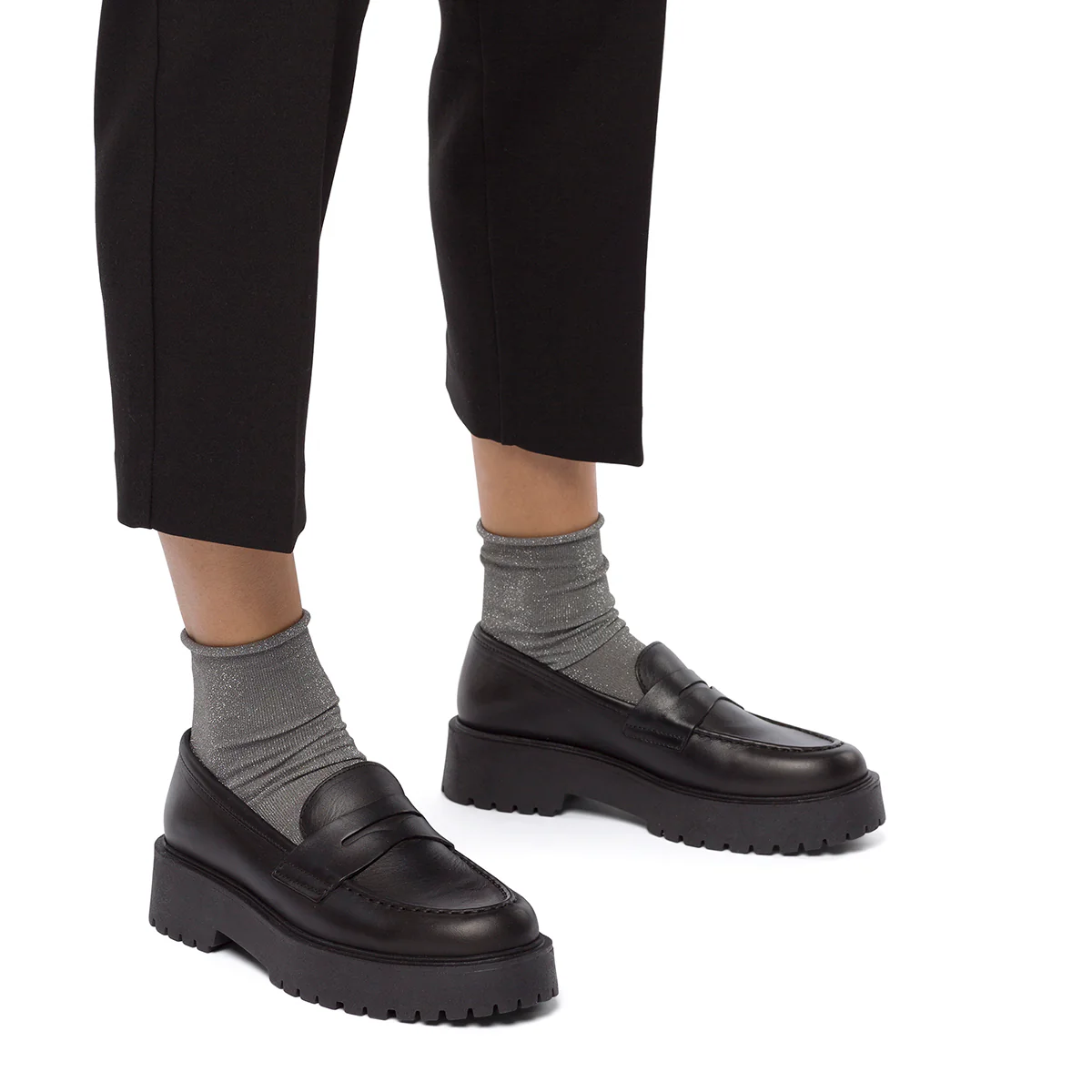Mocassini chunky neri in pelle da donna Primopiano