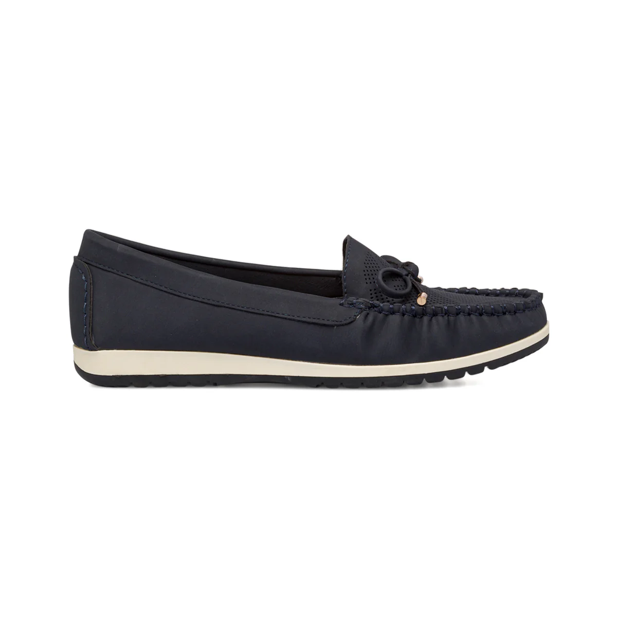 Mocassini comfort blu navy da donna con dettagli traforati e fiocchetto frontale P Soft