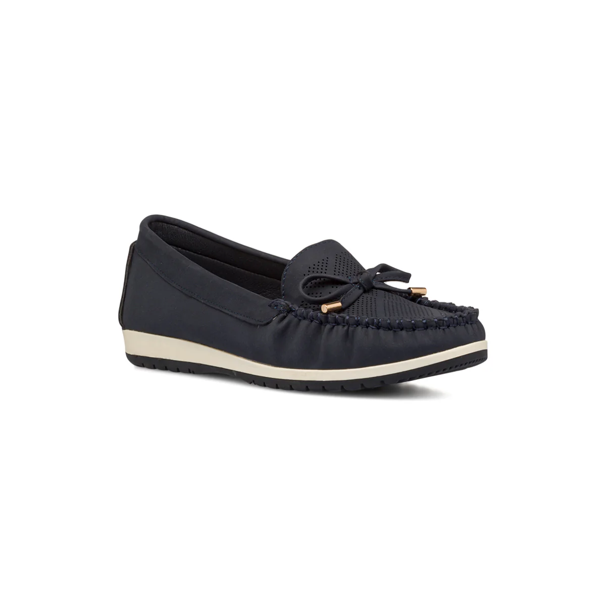 Mocassini comfort blu navy da donna con dettagli traforati e fiocchetto frontale P Soft - Image 2