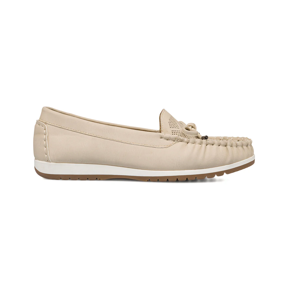 Mocassini comfort taupe da donna con dettagli traforati e fiocchetto frontale P Soft