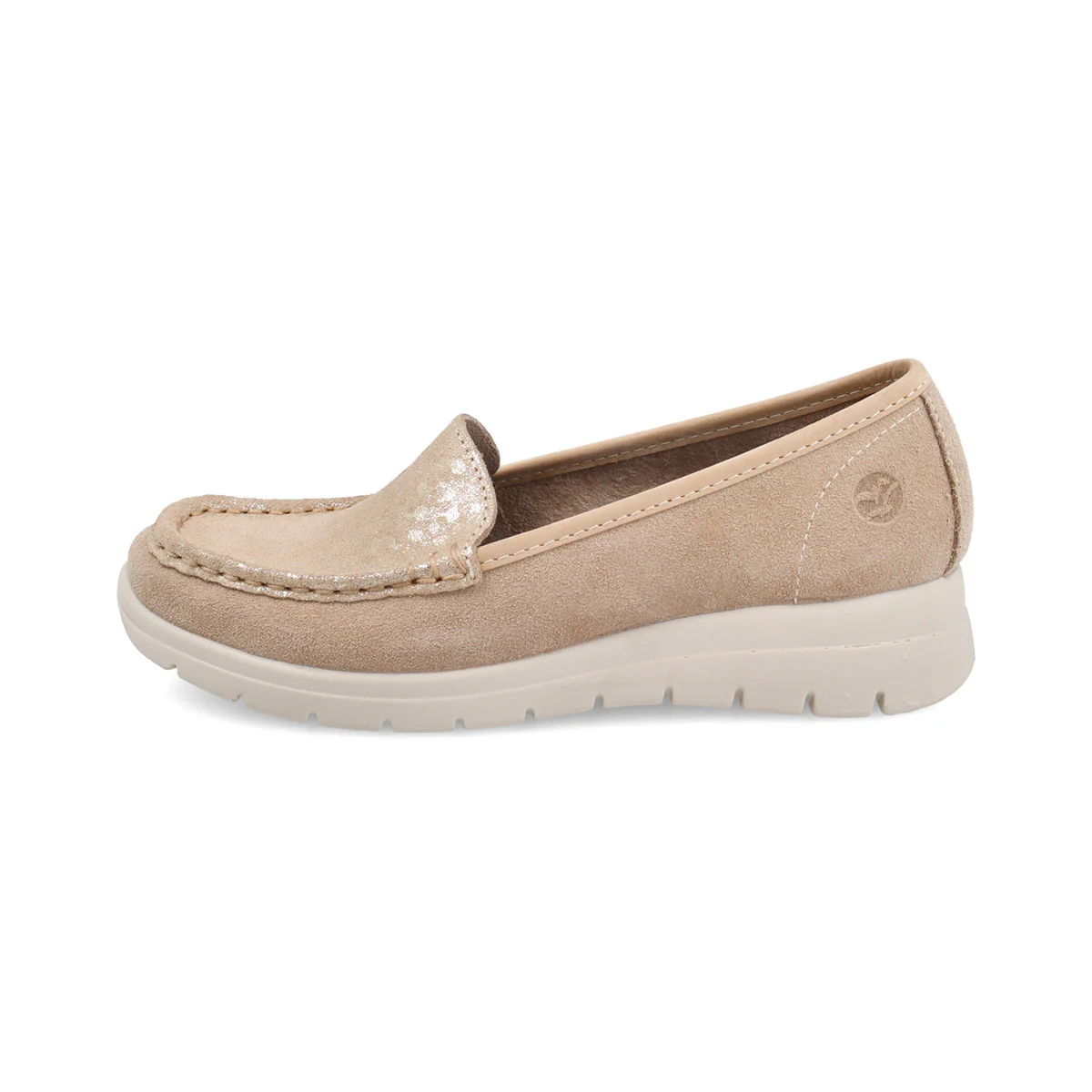 Mocassini da donna in camoscio beige con dettagli laminati e suola comfort Fly Flot