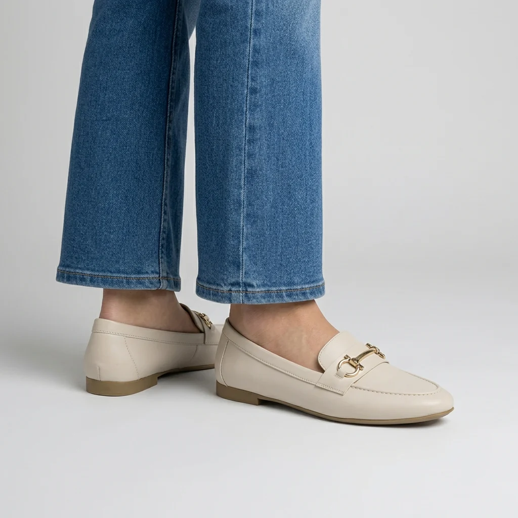 Mocassini loafer da donna beige Lora Ferres con morsetto dorato