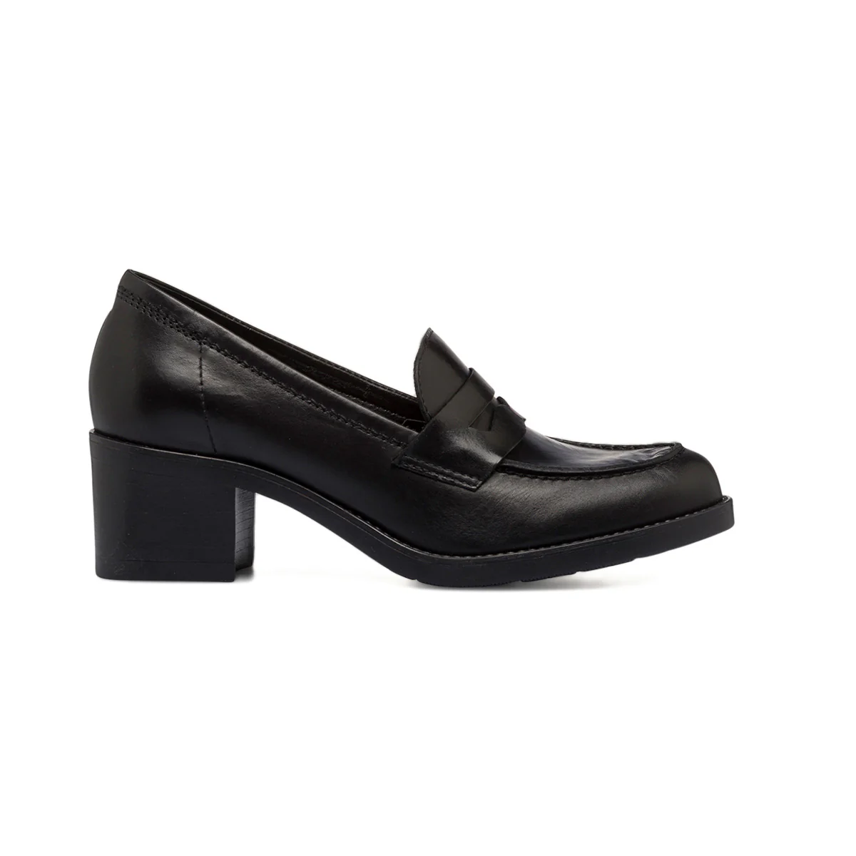 Mocassini neri in pelle da donna con tacco a blocco 6 cm P Essentiials