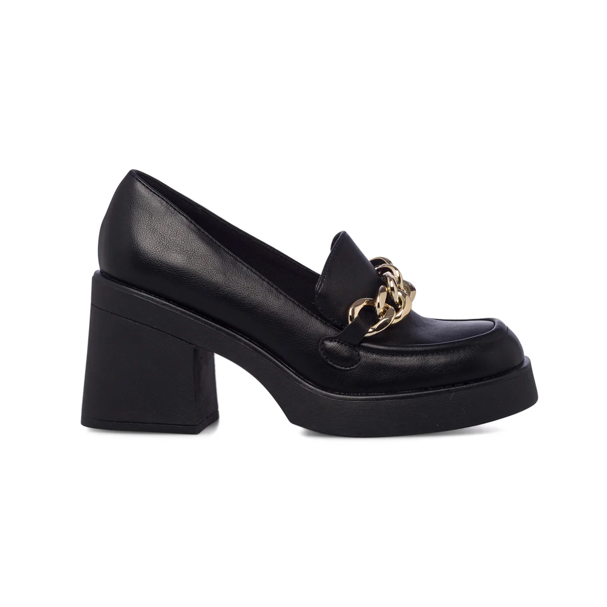 Mocassini neri in pelle vegana con tacco a blocco e catena Call It Spring Noella